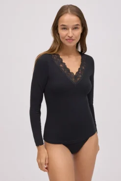 Camiseta manga larga algodón con encaje negra<Ysabel Mora Hot