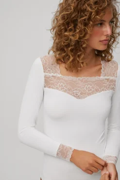 Camiseta manga larga encaje escote y puños marfil<Ysabel Mora