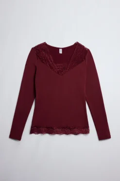 TÉRMICO Camiseta térmica cuello pico con encaje granate<Ysabel Mora Hot