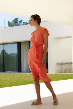 Vestido midi cruzado manga corta coral<Ysabel Mora Online