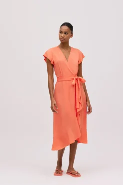 Vestido midi cruzado manga corta coral<Ysabel Mora Online