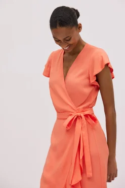 Vestido midi cruzado manga corta coral<Ysabel Mora Online